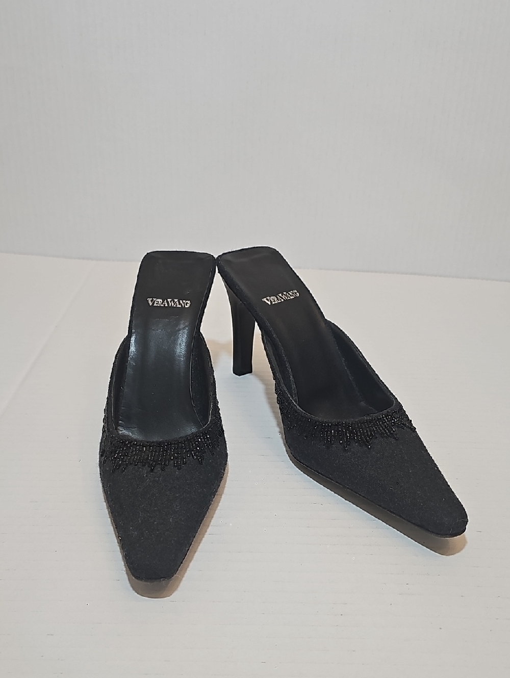 Vera Wang Black Beaded Pointed-Toe Mules